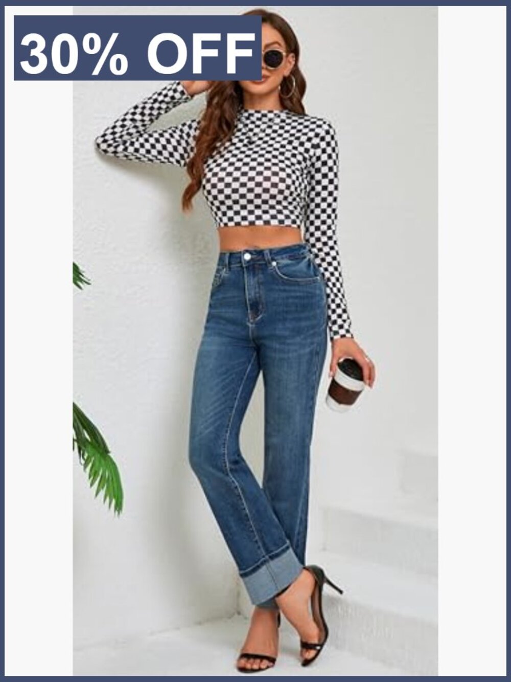 High Waisted Straight Leg Jeans Tummy Control Stretchy Ankle Fold Hem - Picture 6 of 6